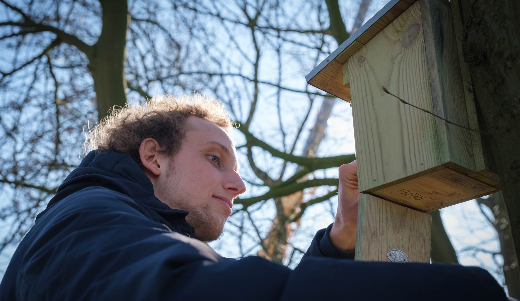 Koen Hiemstra is checking one of the nesting boxes on campus.