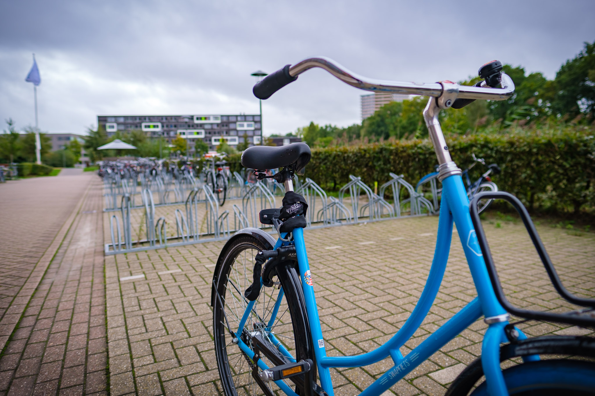 Blauwe fiets op de campus