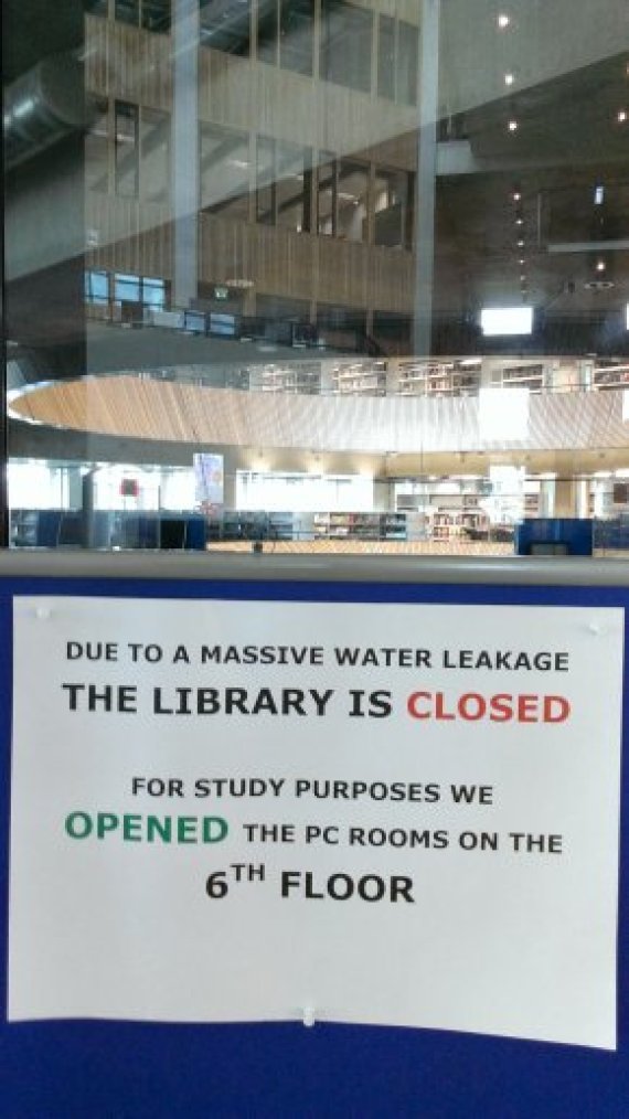 Significant water damage in library