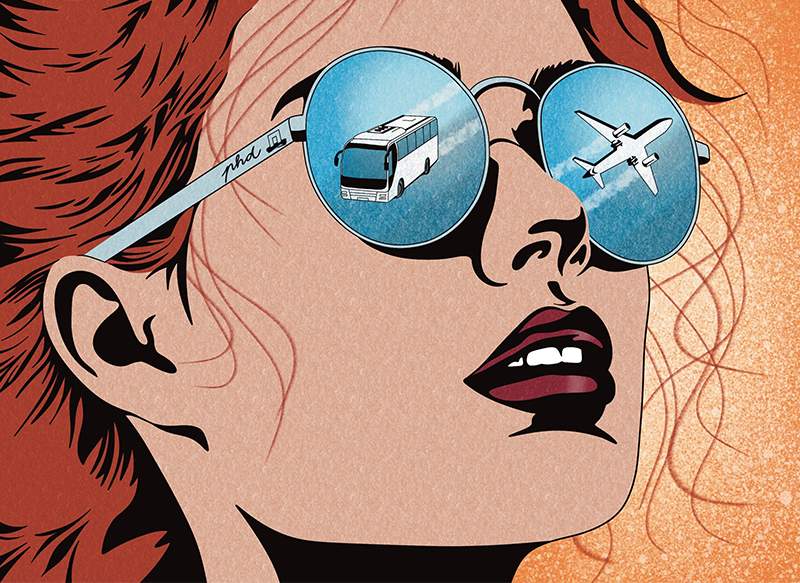 Illustratie vroew met zonnebril met weerspiegeling van bus en vliegtuig.