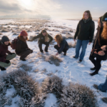 Studenten op de Ginkelse heide in de sneeuw.