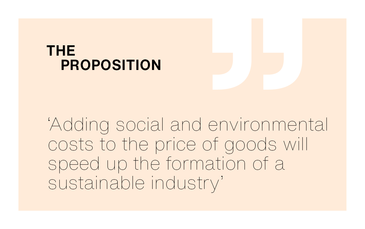 [The Proposition] ‘Adding social and environmental costs to the price of goods will speed up the formation of a sustainable industry.’