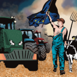 Illustratie met een boer met een hooivork en een koe.