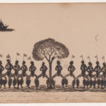 Een afbeelding die Shah gebruikt voor het vak: Victorian Blacks, geschilderd in 1890 door aboriginal kunstenaar Tomy McRAE - Een stam uit Melbourne houdt een corroboree (heilig dansritueel) nadat ze voor de eerste keer schepen zien aanmeren (van de kolonisators).